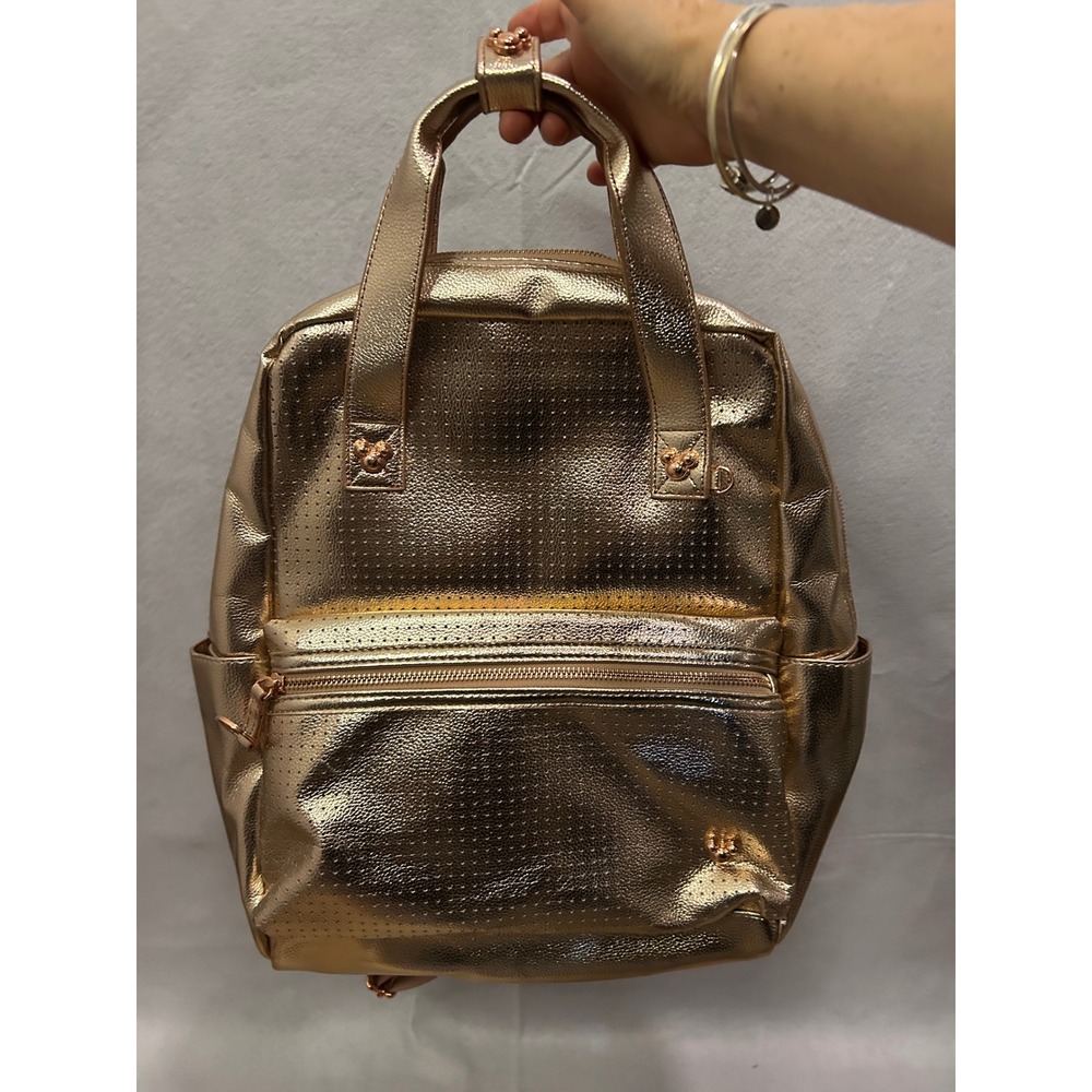 Disney Rose Gold Metallic Perforated Backpack Mouse Ear Studs Travel Bag